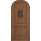 Arched-top wooden wine cellar door in walnut-brown with centered wrought-iron speakeasy grate