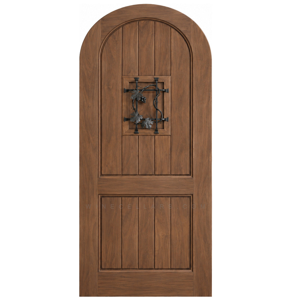 Arched-top wooden wine cellar door in walnut-brown with centered wrought-iron speakeasy grate