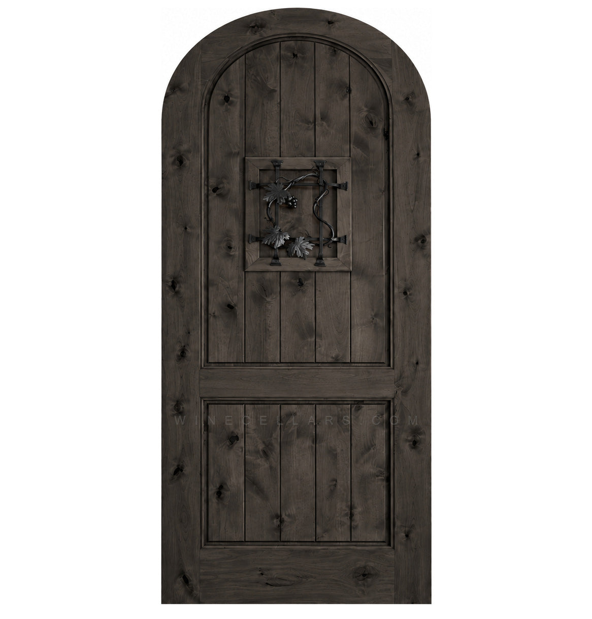 Arched-top black stained wooden wine cellar door with centered wrought-iron speakeasy grate