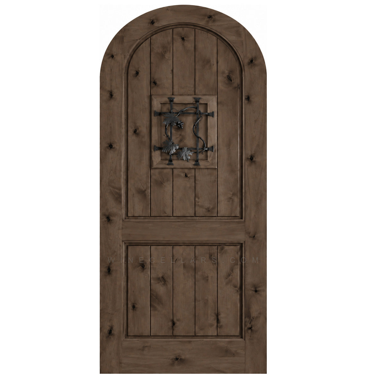 Arched-top gray-brown wooden wine cellar door with centered wrought-iron speakeasy grate