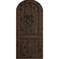 Arched-top brown wooden wine cellar door with centered wrought-iron speakeasy grate and knots