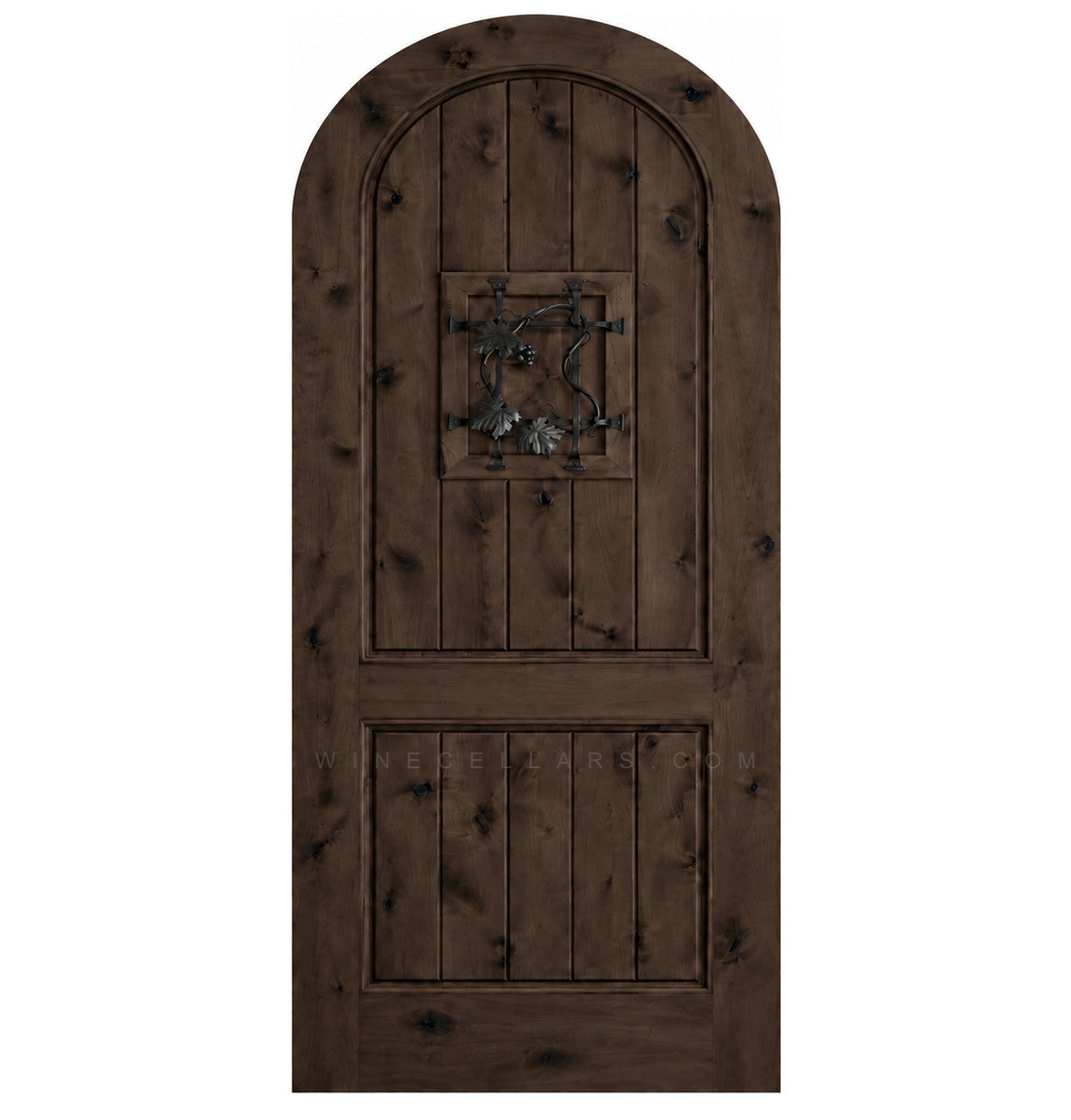 Arched-top brown wooden wine cellar door with centered wrought-iron speakeasy grate and knots