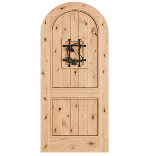 Arched-top light wood wine cellar door with centered wrought-iron speakeasy grate and knots