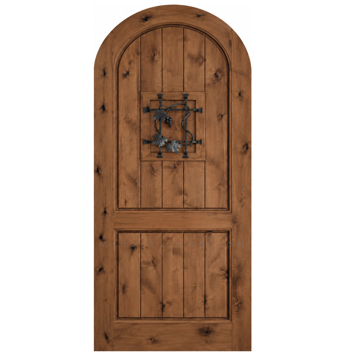 Arched-top warm brown wooden wine cellar door with centered wrought-iron speakeasy grate
