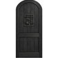 Dark arched-top wood speakeasy door with centered iron grate panel