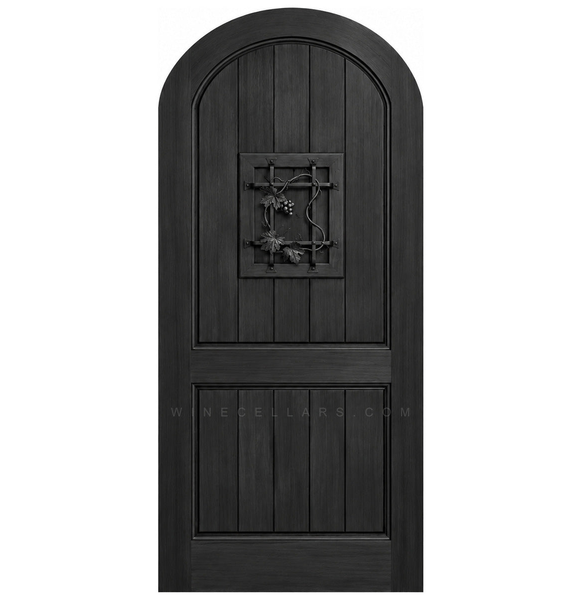 Dark arched-top wood speakeasy door with centered iron grate panel