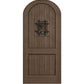 Brown arched-top wood speakeasy door with centered iron grate panel