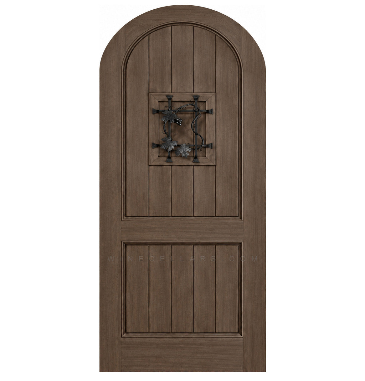 Brown arched-top wood speakeasy door with centered iron grate panel