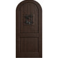 Dark brown arched-top wood speakeasy door with centered iron grate panel