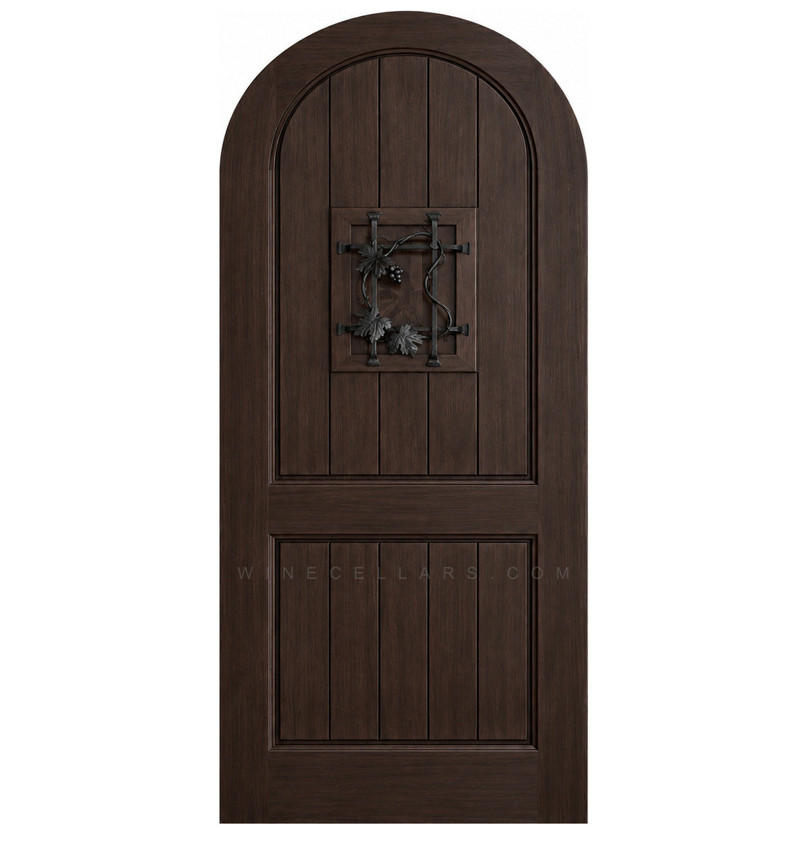 Dark brown arched-top wood speakeasy door with centered iron grate panel