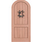 Light arched-top wood speakeasy door with centered iron grate panel