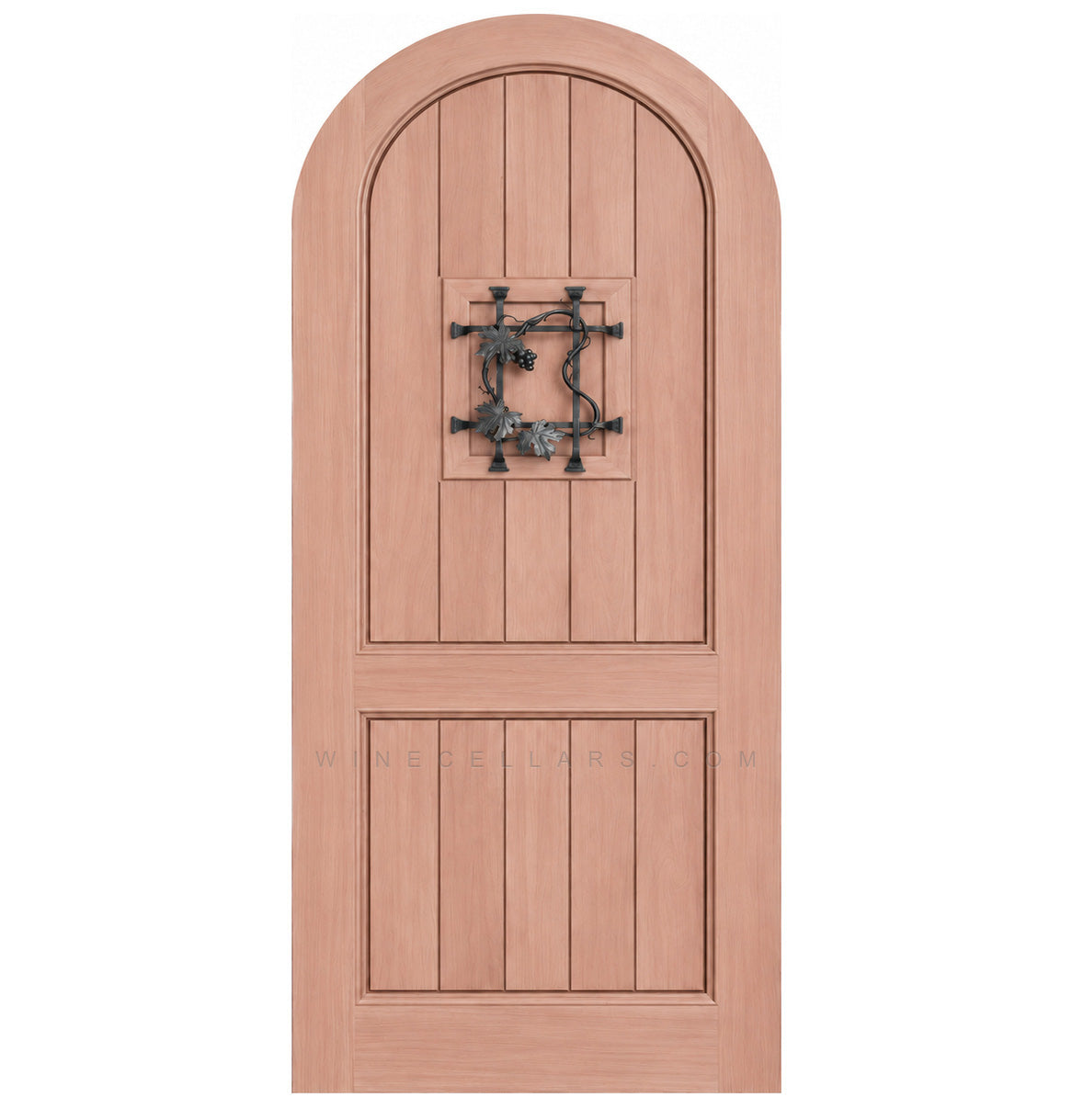 Light arched-top wood speakeasy door with centered iron grate panel