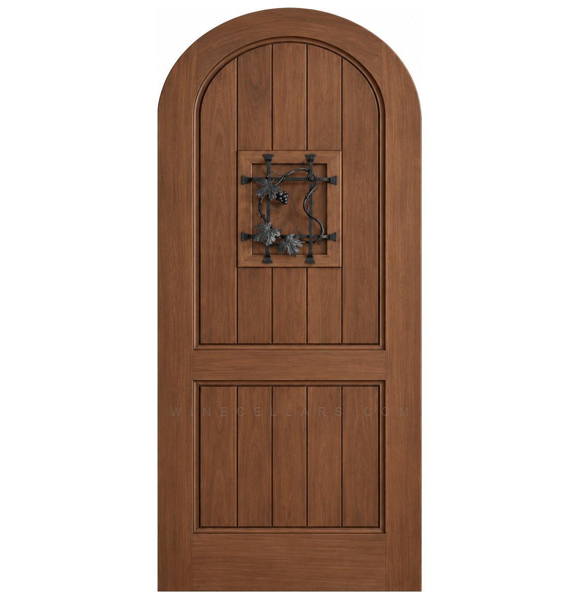 Medium brown arched-top wood speakeasy door with centered iron grate panel