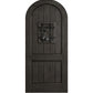 Black arched-top wood speakeasy door with centered iron grate panel