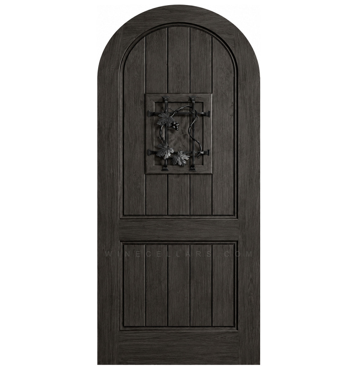Black arched-top wood speakeasy door with centered iron grate panel