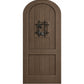 Warm tan arched-top wood speakeasy door with centered iron grate panel