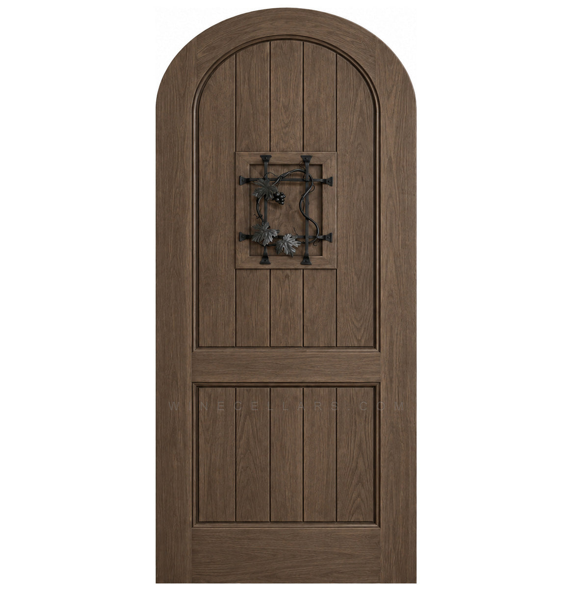 Warm tan arched-top wood speakeasy door with centered iron grate panel