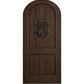 Medium dark brown arched-top wood speakeasy door with centered iron grate panel
