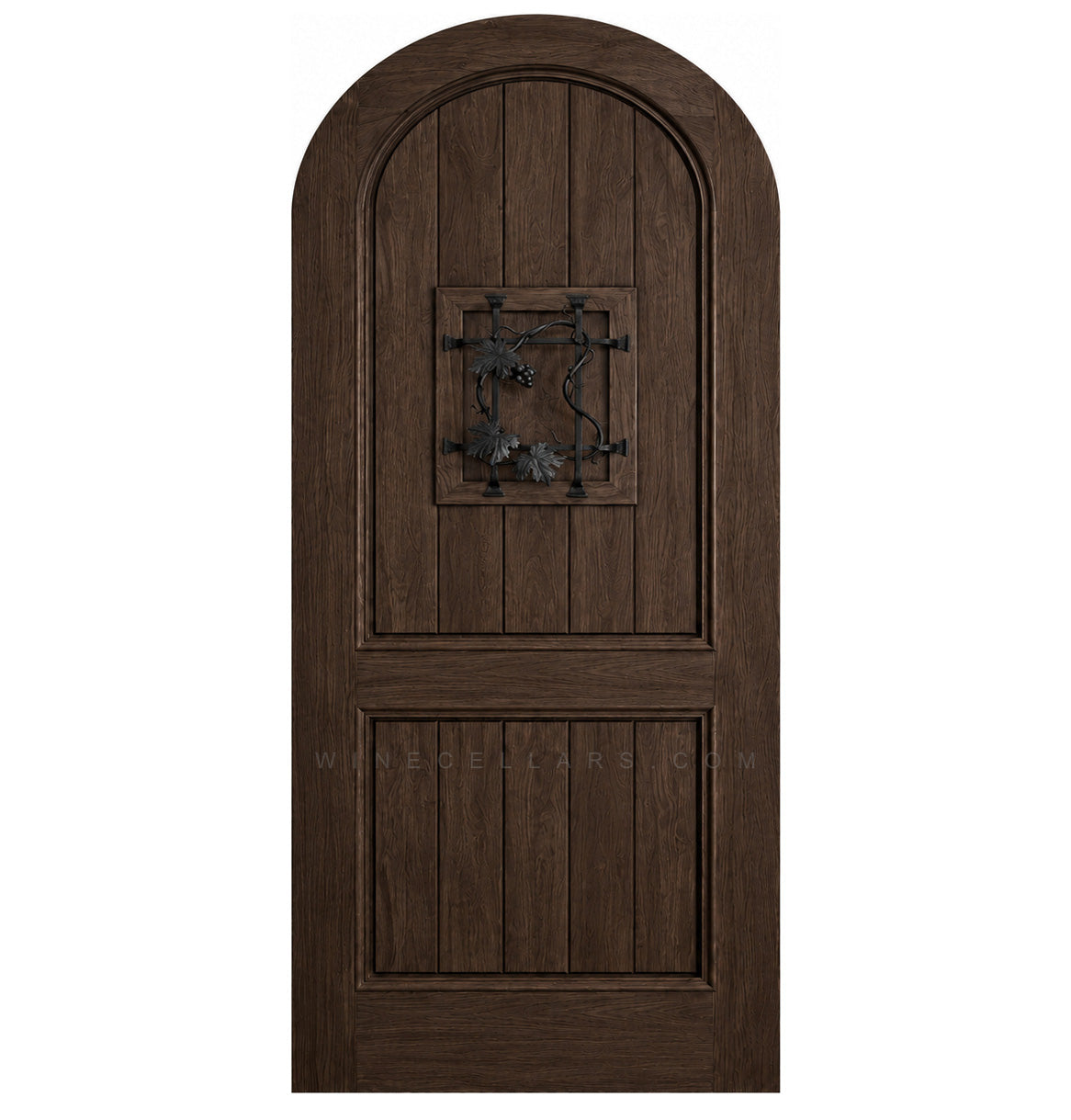 Medium dark brown arched-top wood speakeasy door with centered iron grate panel