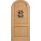 Natural light wood arched-top speakeasy door with centered iron grate panel