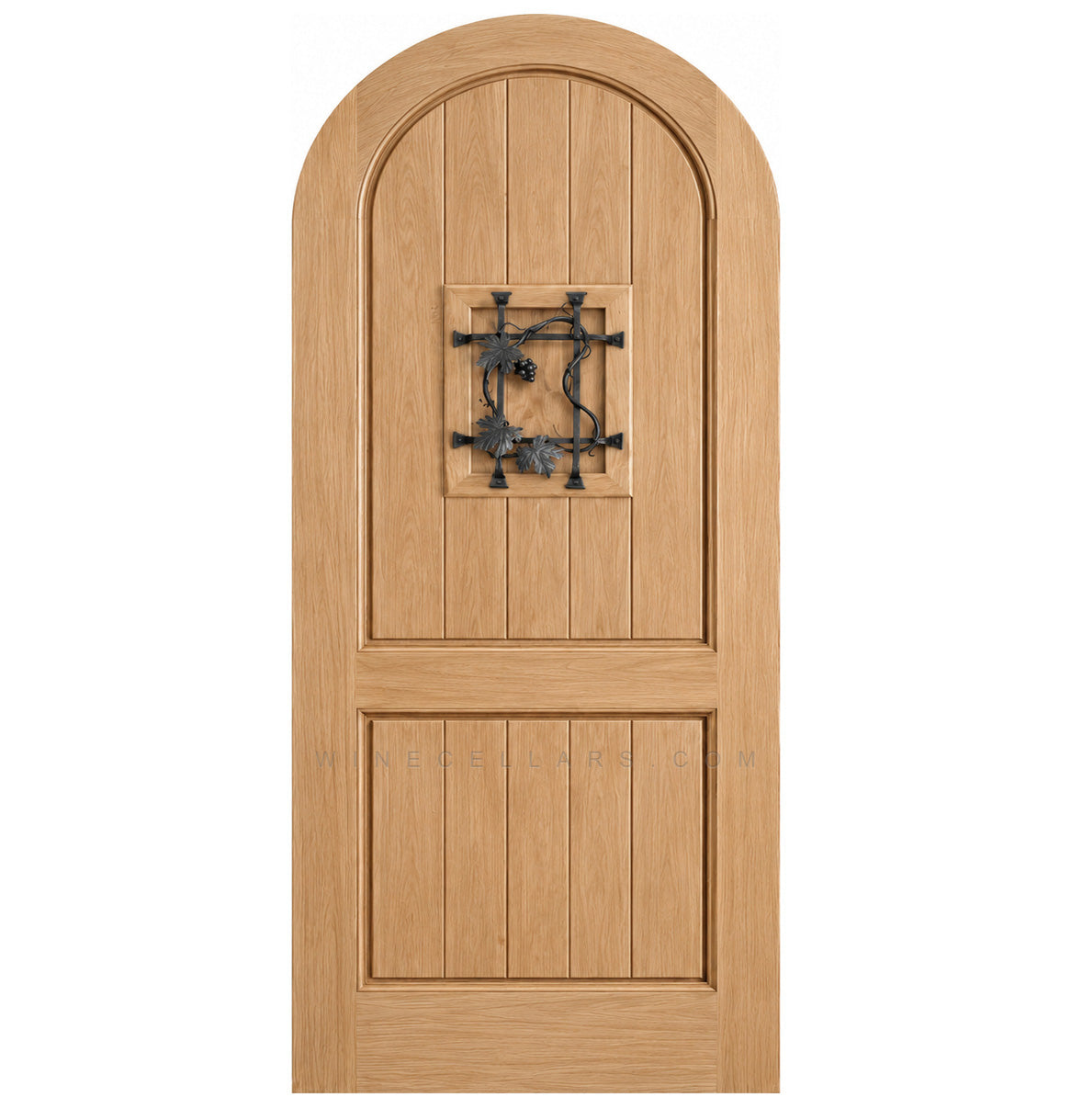 Natural light wood arched-top speakeasy door with centered iron grate panel