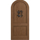 Espresso brown arched-top wood speakeasy door with centered iron grate panel