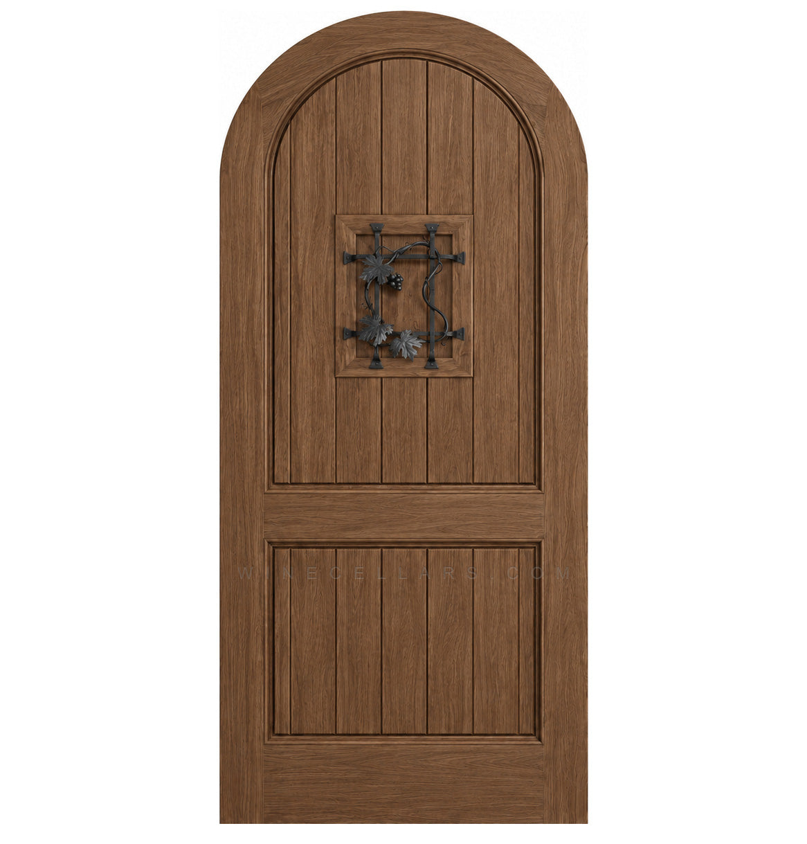 Espresso brown arched-top wood speakeasy door with centered iron grate panel