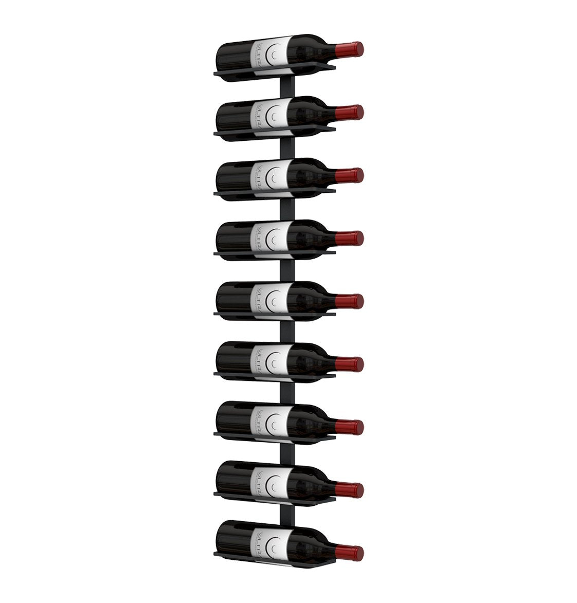 Wall wine rack holding multiple wine bottles with red bottle caps