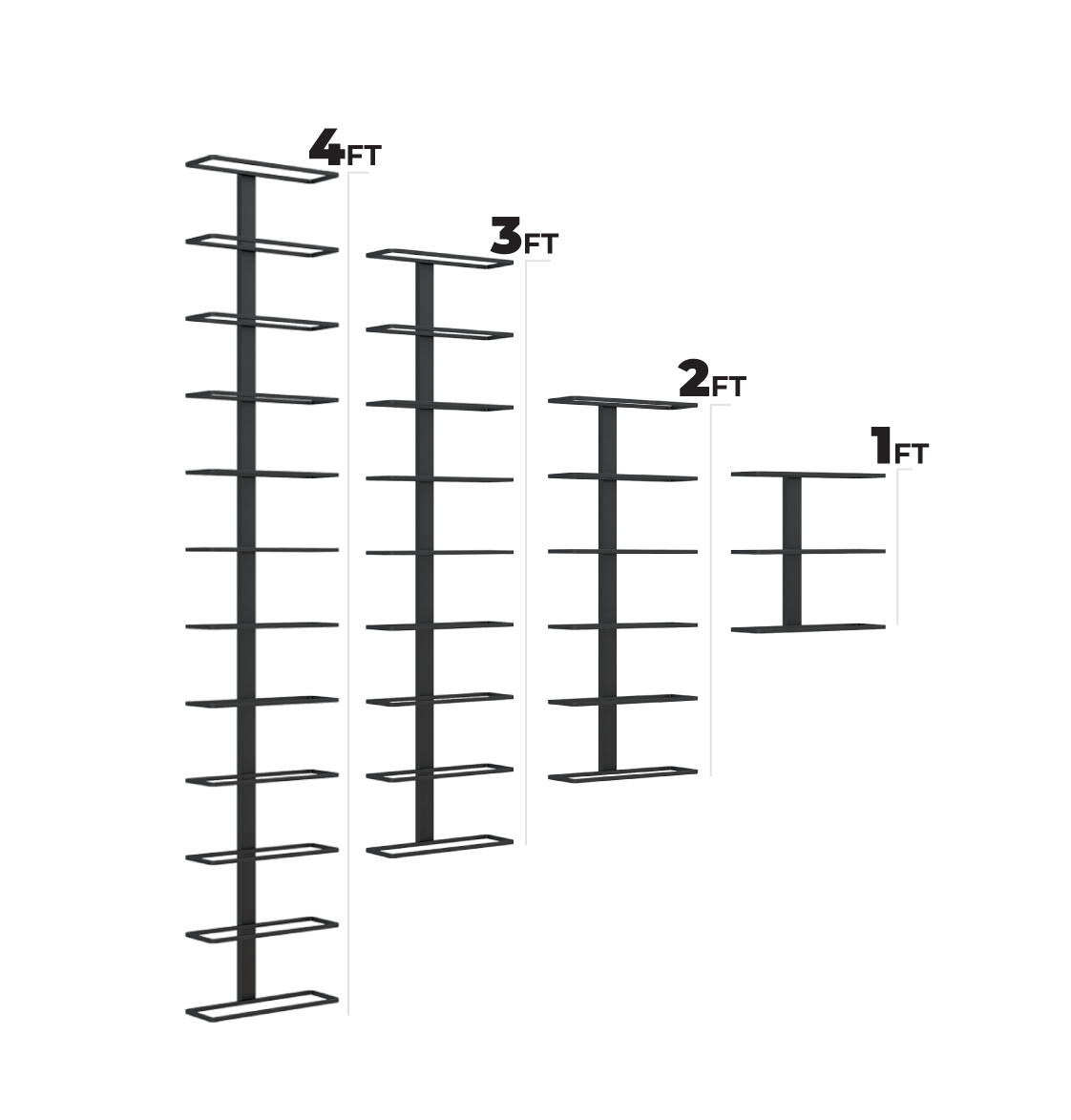 Wall-mounted wine rack showing height options labeled 1FT, 2FT, 3FT, 4FT