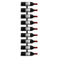 Wall wine rack holding a row of wine bottles with red bottle caps