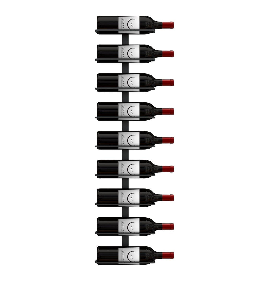 Wall wine rack holding a row of wine bottles with red bottle caps