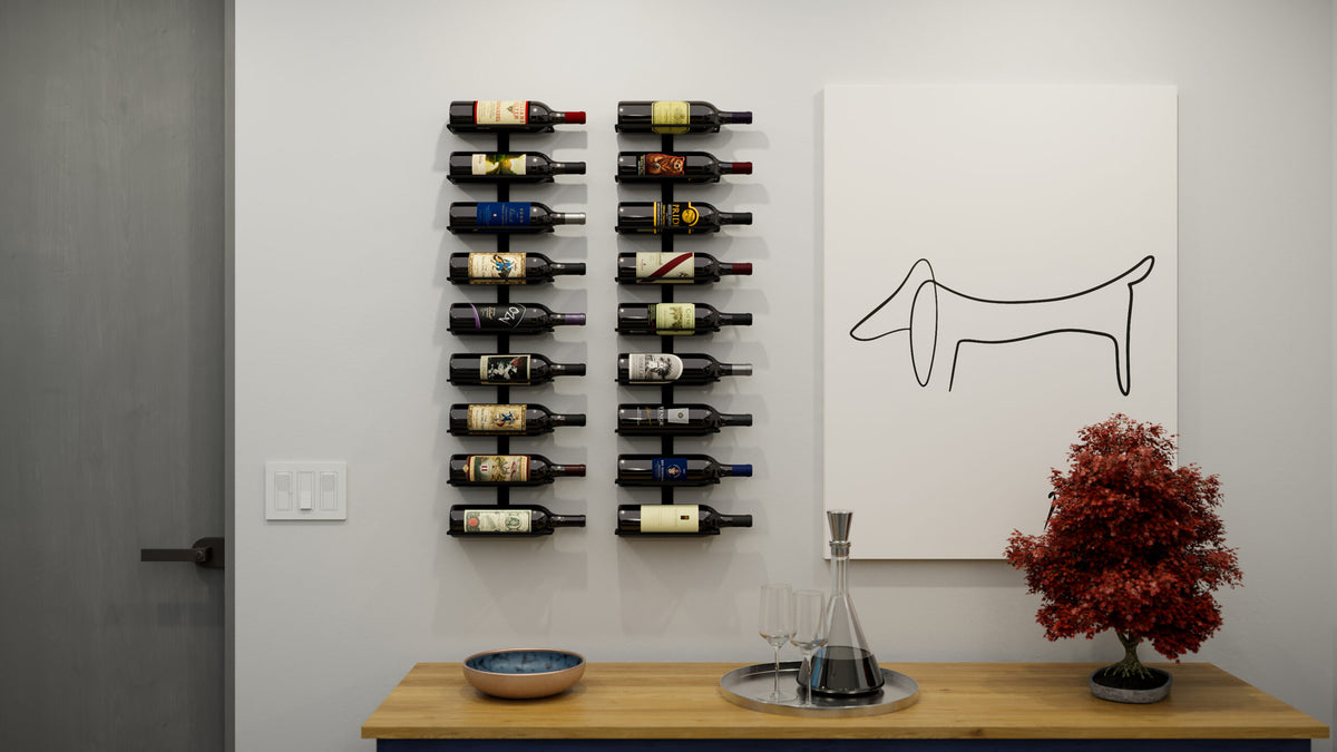 Wall-mounted wine rack holding wine bottles on a kitchen wall, countertop below