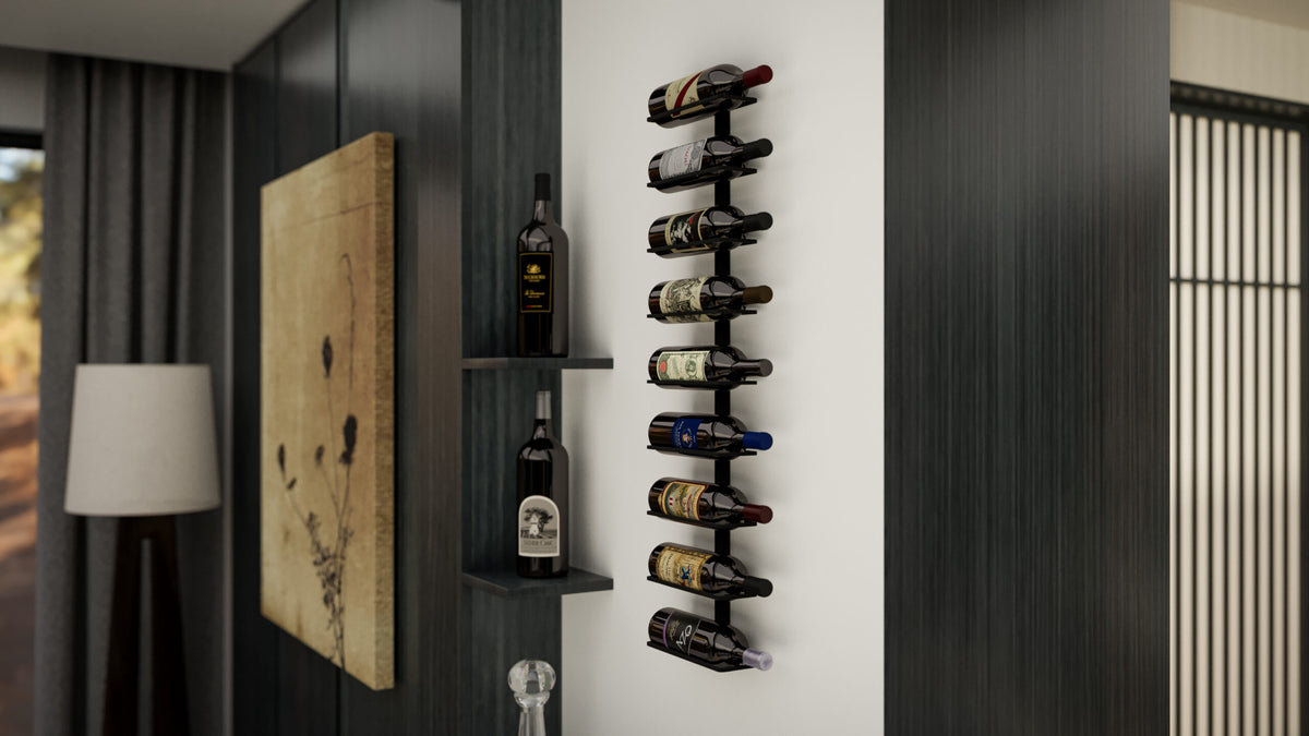 Wall-mounted wine bottle rack with black bottle holders