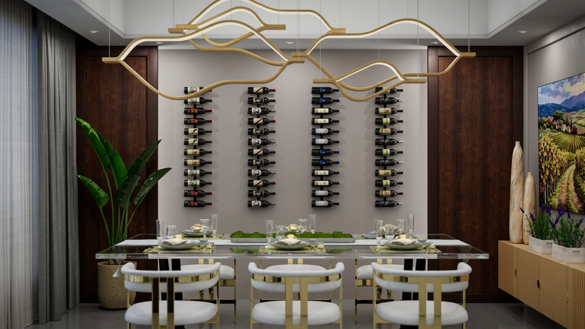 Gold wall-mounted wine rack with bottle slots filled with assorted bottles