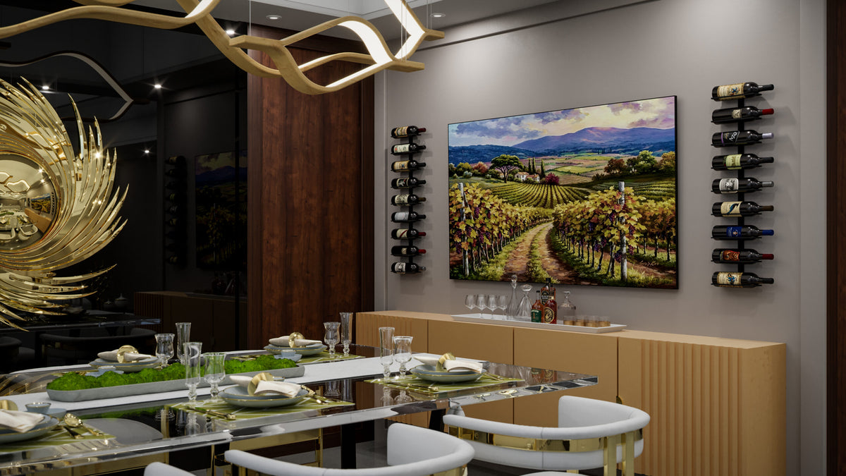 Wall-mounted wine rack with gold frame and black bottle holders holding bottles