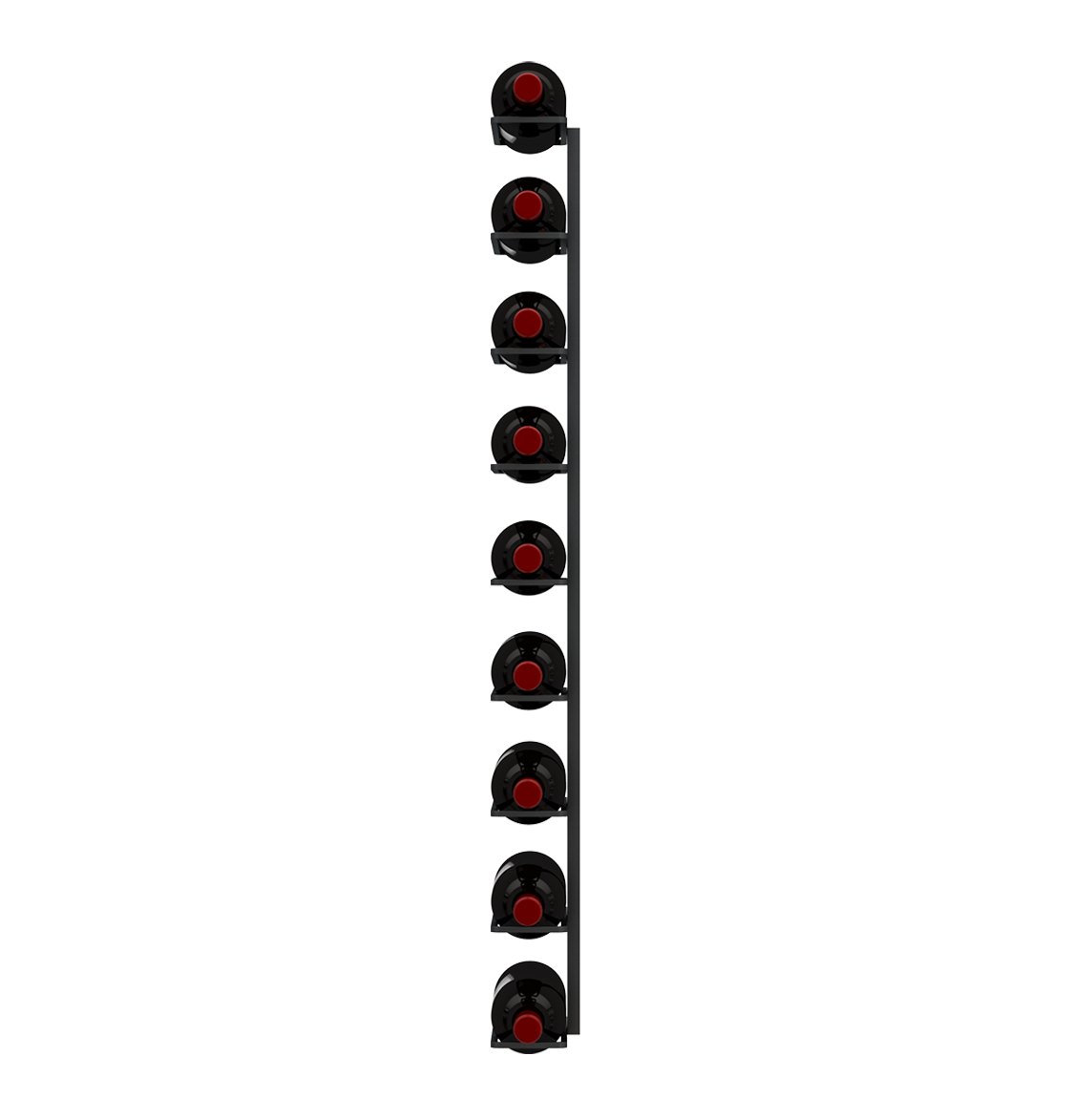Wall-mounted wine rack with circular bottle slots and vertical mounting bar