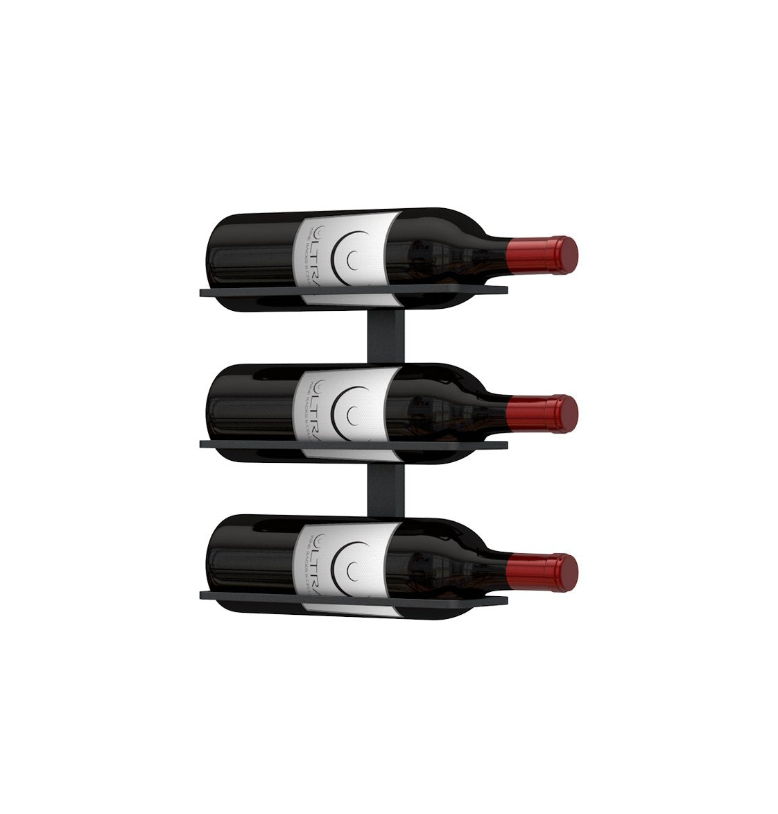 Wall-mounted wine rack filled with wine bottles, red bottle caps visible