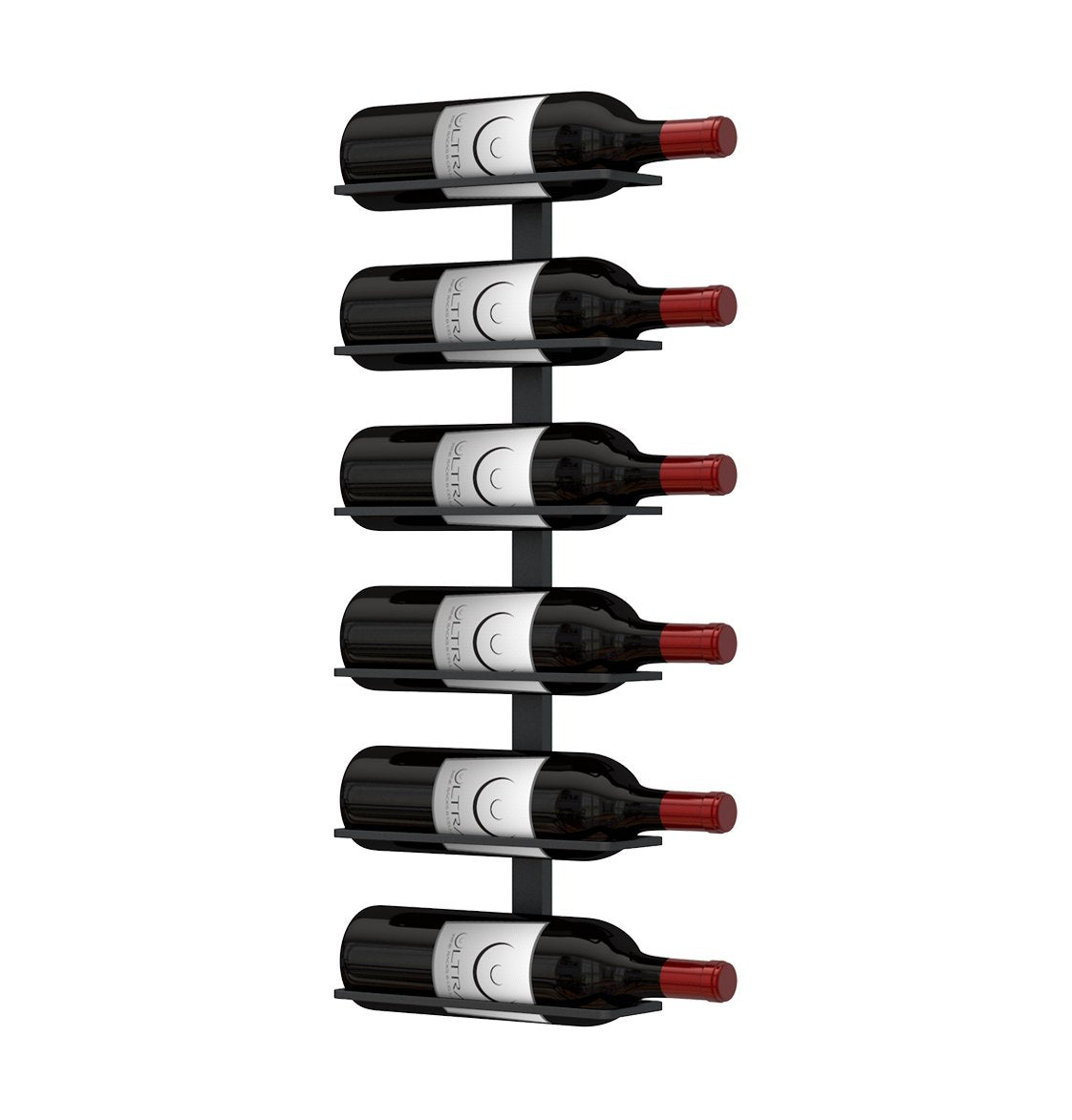 Wall wine rack with several wine bottles displayed vertically, red caps visible