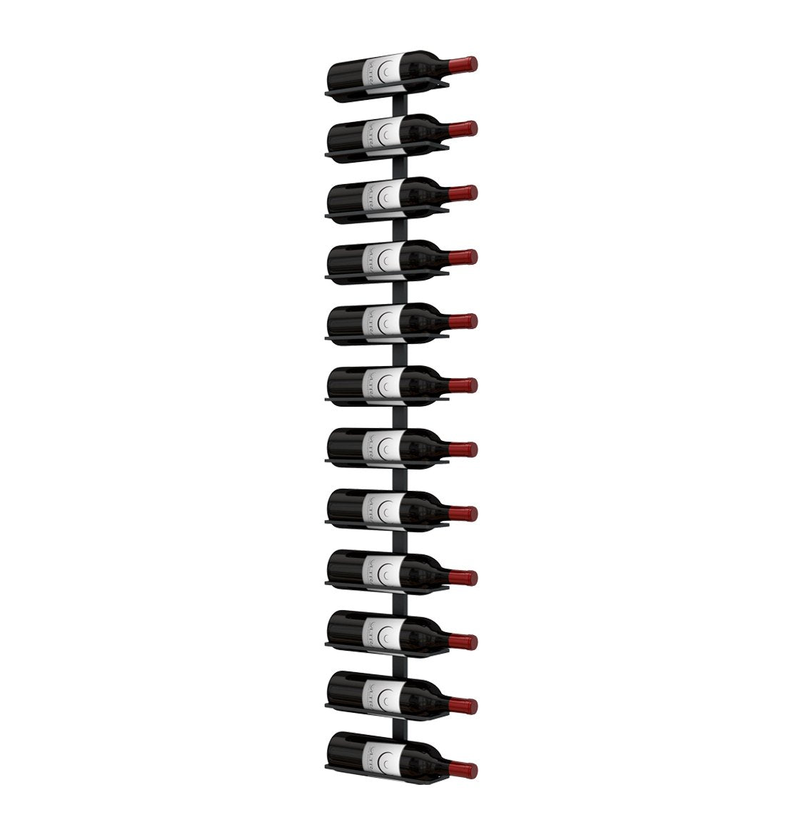 Wall-mounted wine rack with multiple wine bottles arranged in staggered slots