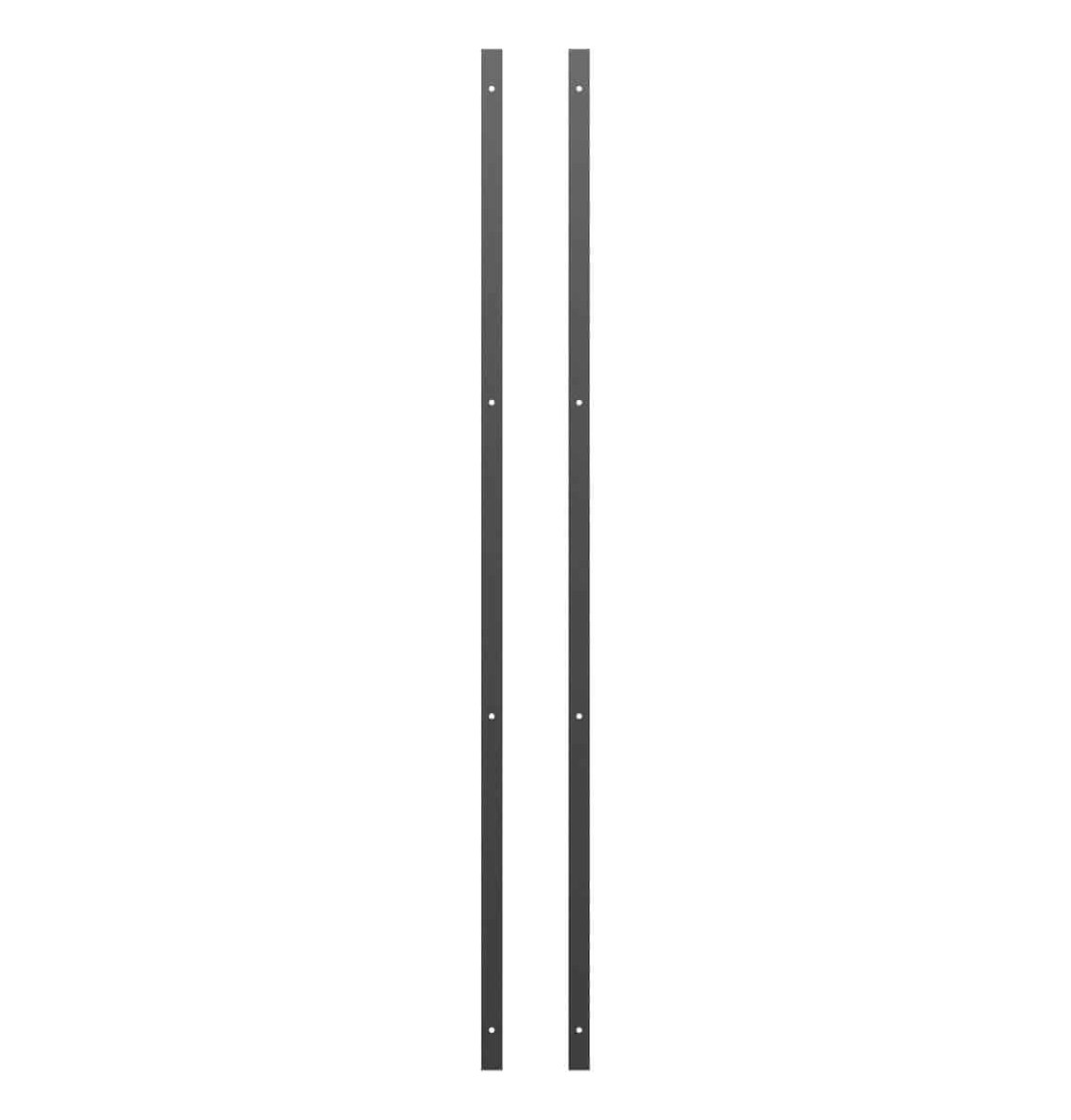 Gray metal backer channels with mounting holes, two long vertical rails