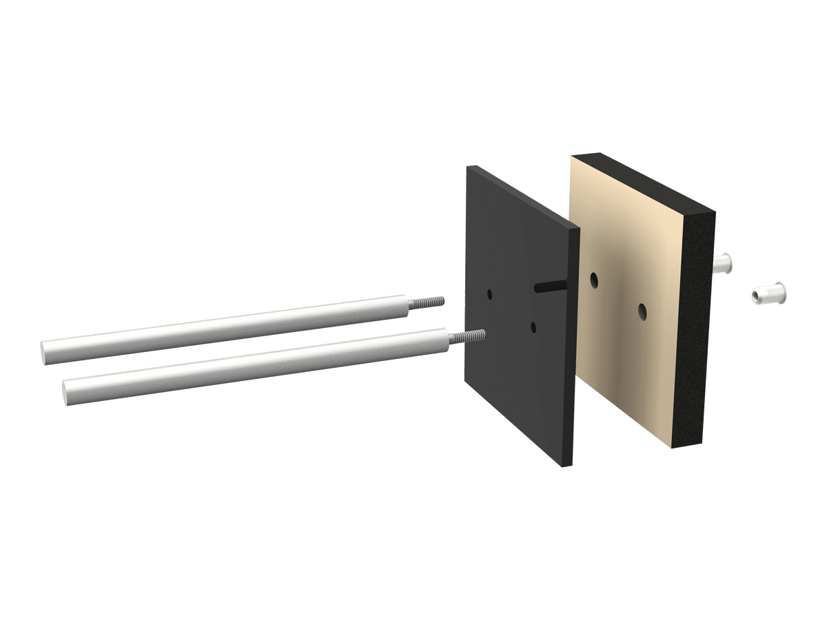 Wine rack insert mounting hardware with two plates and twin metal support rods