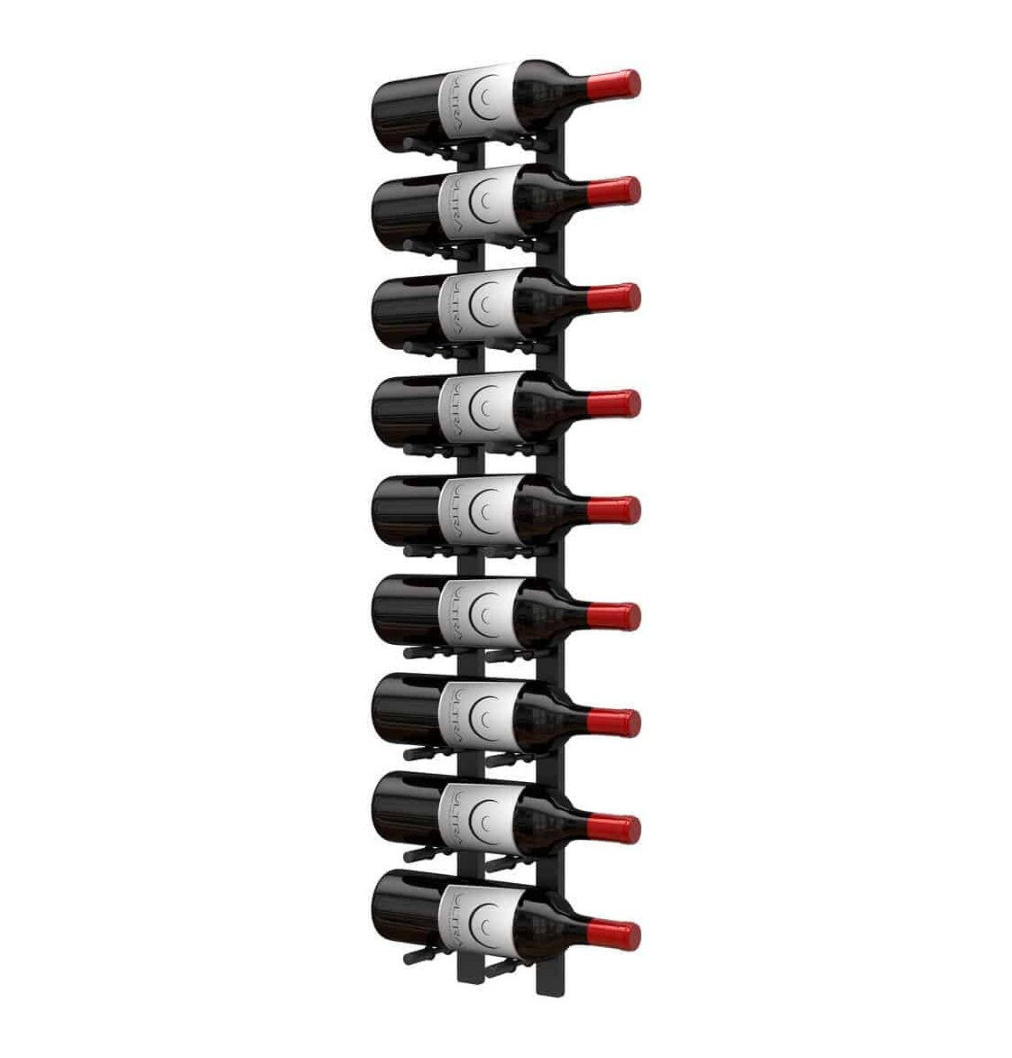 Wall-mounted wine bottle peg rack with multiple dark bottles and red corks