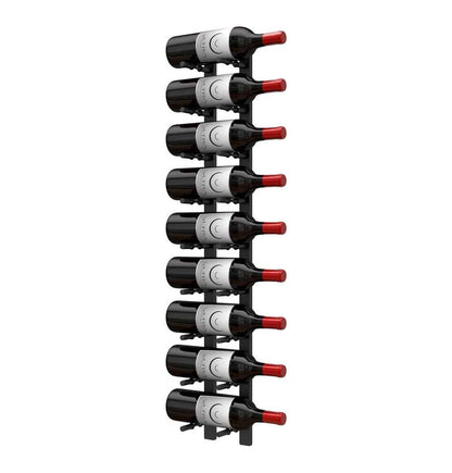 Wall-mounted wine bottle peg rack with multiple dark bottles and red corks