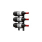 Wall-mounted wine bottle peg rack with five dark bottles and red corks