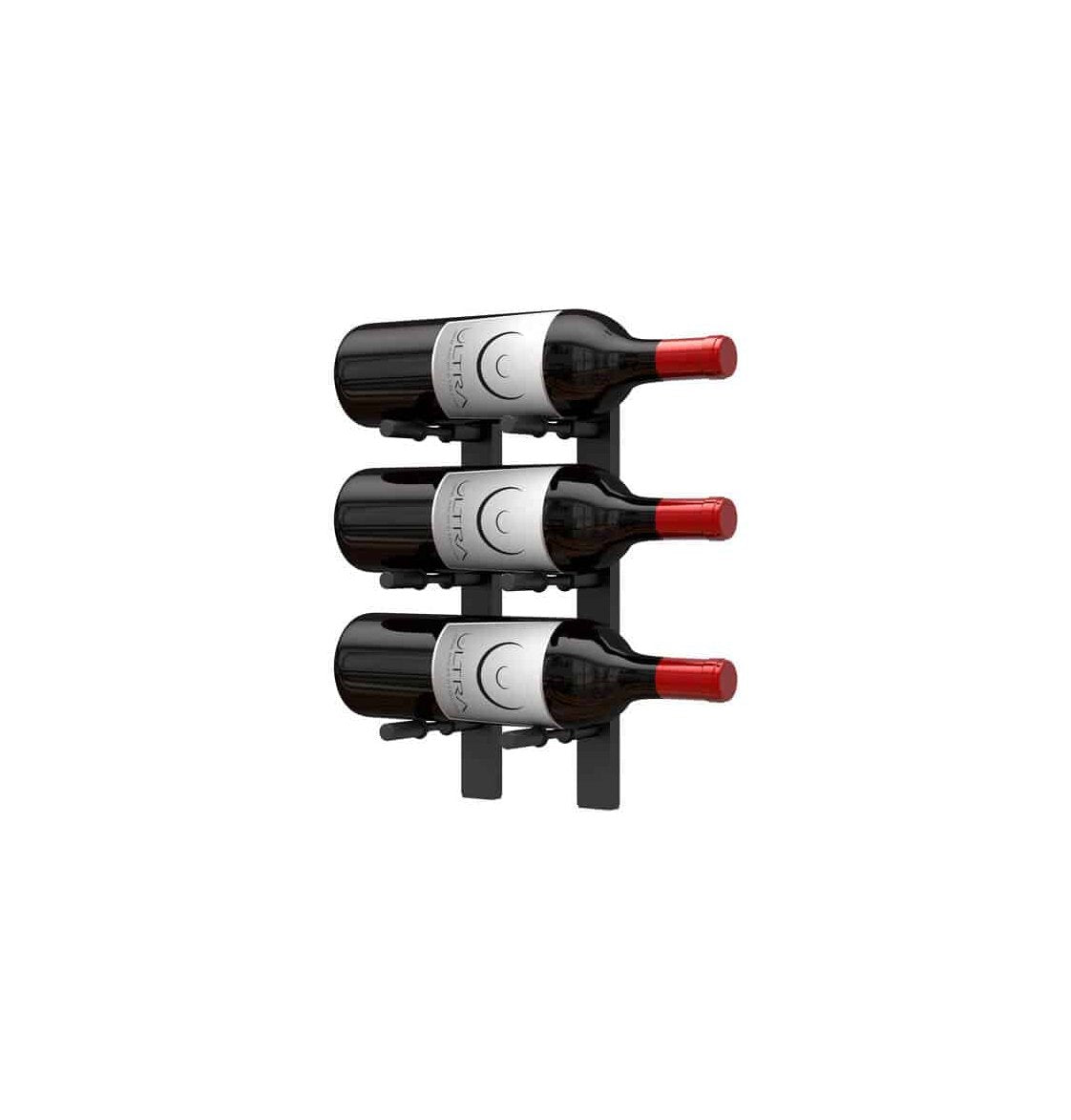 Wall-mounted wine bottle peg rack with five dark bottles and red corks