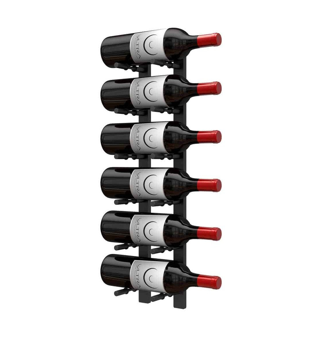 Wall-mounted wine bottle peg rack with multiple dark bottles and red corks