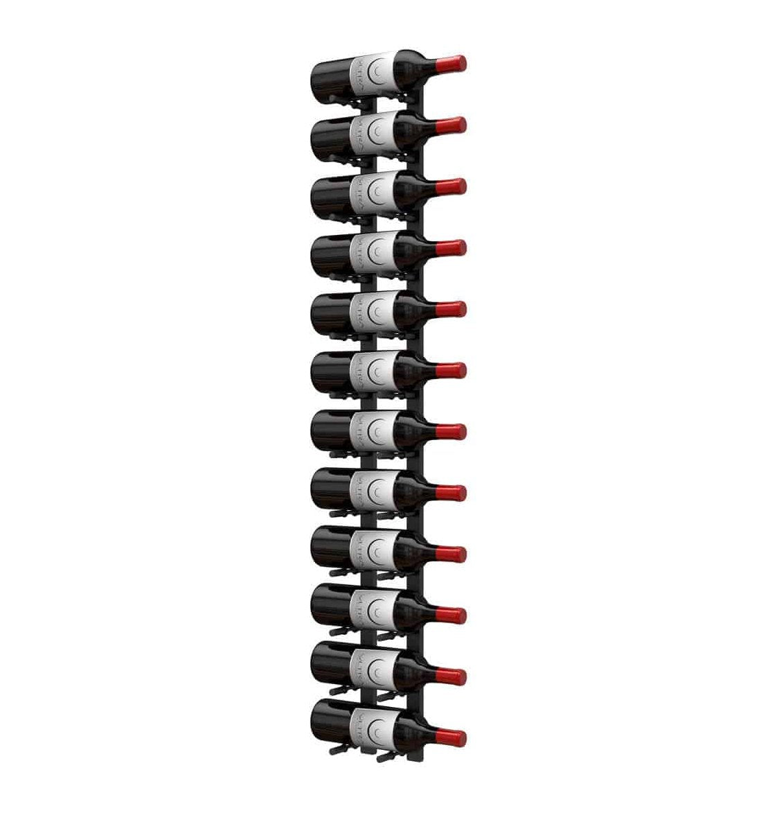 Wall-mounted wine bottle peg rack holding dark bottles with red corks