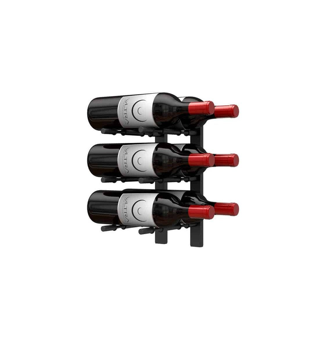 Wall-mounted wine bottle peg rack angled view with dark bottles and red corks
