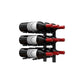 Wall-mounted wine bottle peg rack angled view with dark bottles and red corks