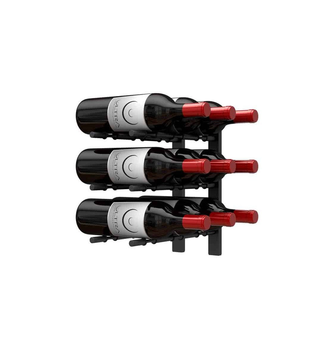 Wall-mounted wine bottle peg rack angled view with dark bottles and red corks